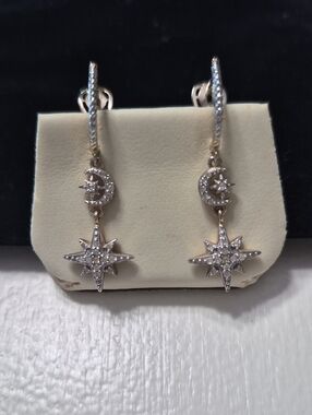 Diamond Star And Moon 18kt Gold Over Sterling Silver  Drop Earrings